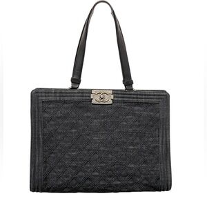 Chanel Black / Gray Denim Boy Bag Tote + COA Ruthenium Hardware Wine Interior